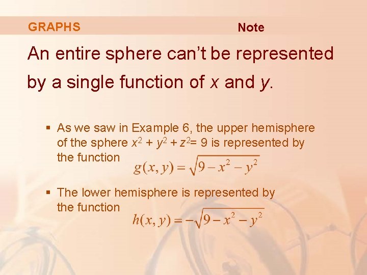 GRAPHS Note An entire sphere can’t be represented by a single function of x