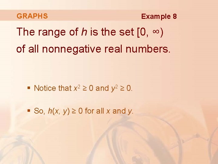 GRAPHS Example 8 The range of h is the set [0, ∞) of all