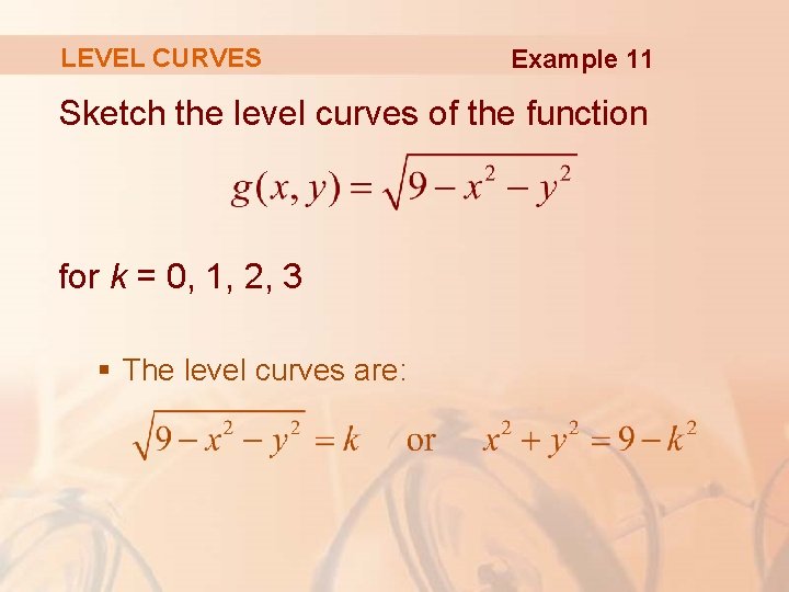 LEVEL CURVES Example 11 Sketch the level curves of the function for k =