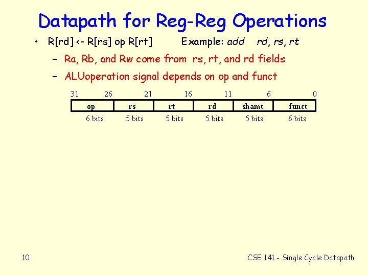 Datapath for Reg-Reg Operations • R[rd] <- R[rs] op R[rt] Example: add rd, rs,