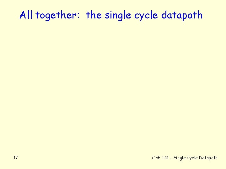 All together: the single cycle datapath 17 CSE 141 - Single Cycle Datapath 