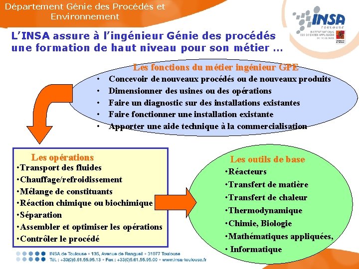 Département Génie des Procédés et Environnement L’INSA assure à l’ingénieur Génie des procédés une