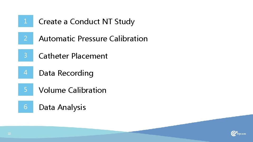 10 1 Create a Conduct NT Study 2 Automatic Pressure Calibration 3 Catheter Placement