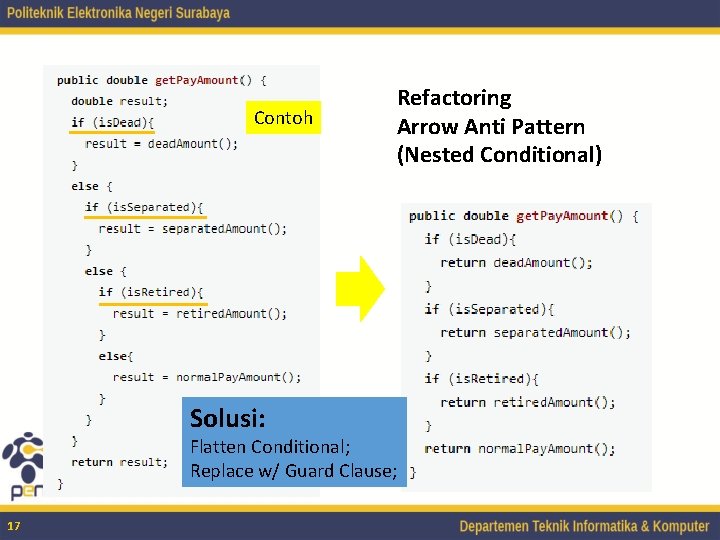 Contoh Solusi: Refactoring Arrow Anti Pattern (Nested Conditional) Flatten Conditional; Replace w/ Guard Clause;