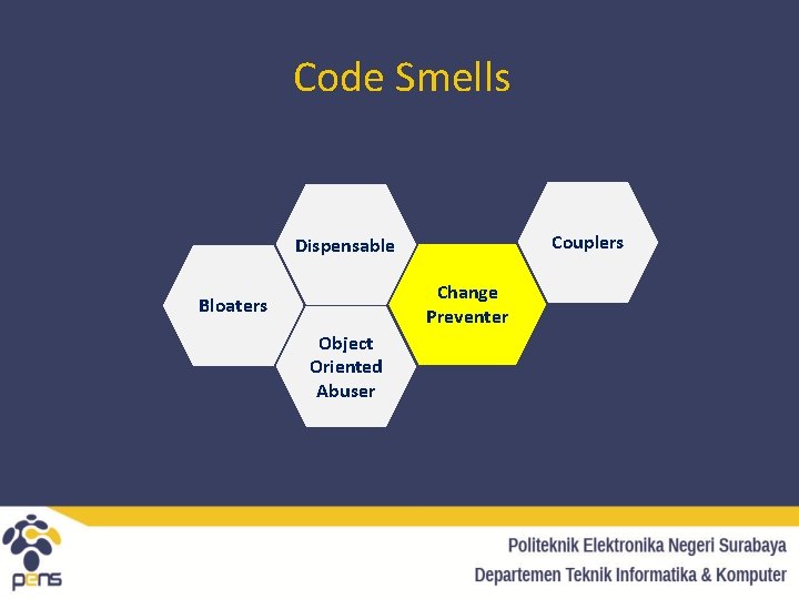 Code Smells Couplers Dispensable Change Preventer Bloaters Object Oriented Abuser 