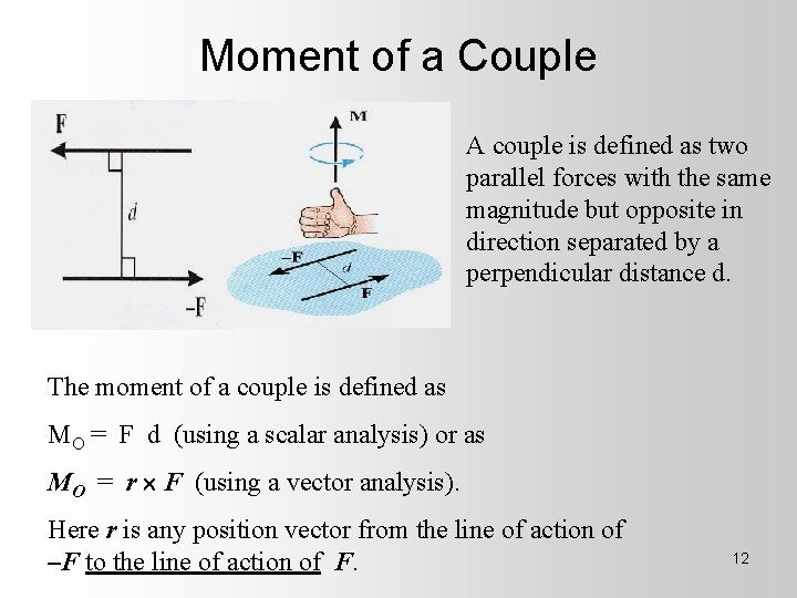 Moment of a Couple A couple is defined as two parallel forces with the