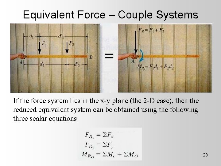 Equivalent Force – Couple Systems If the force system lies in the x-y plane