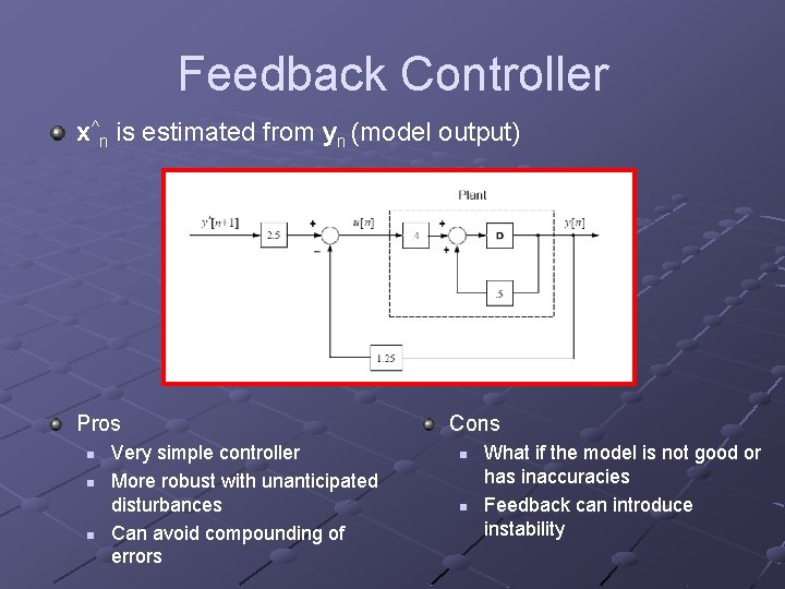 Feedback Controller x^n is estimated from yn (model output) Pros n n n Very