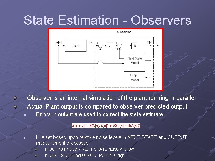 State Estimation - Observers Observer is an internal simulation of the plant running in