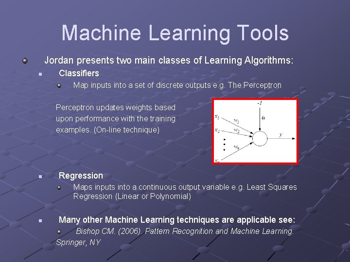 Machine Learning Tools Jordan presents two main classes of Learning Algorithms: n Classifiers Map