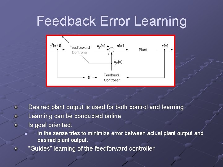 Feedback Error Learning Desired plant output is used for both control and learning Learning