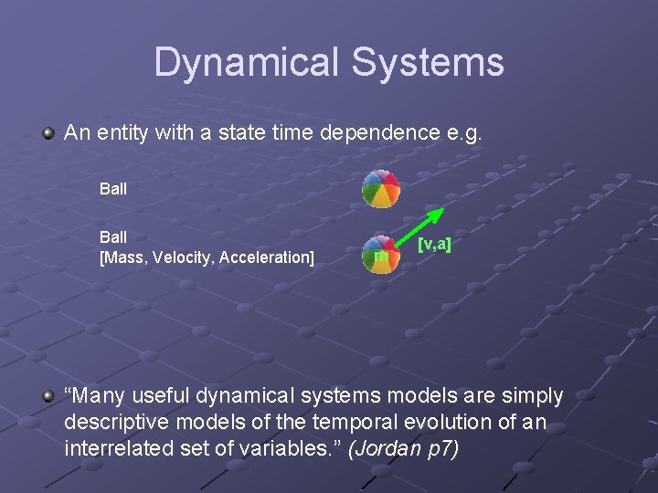 Dynamical Systems An entity with a state time dependence e. g. Ball [Mass, Velocity,