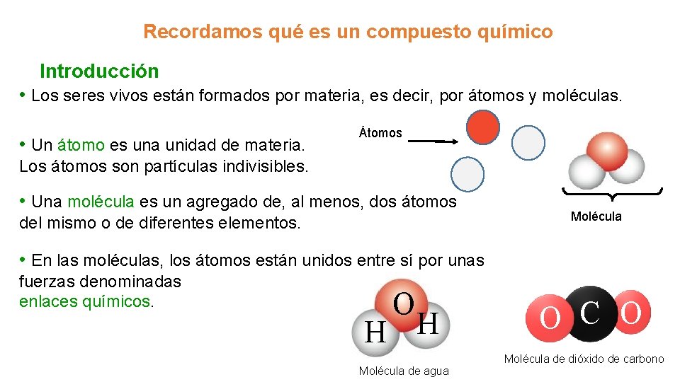 UNIDAD Recordamos qué es un compuesto químico Introducción • Los seres vivos están formados