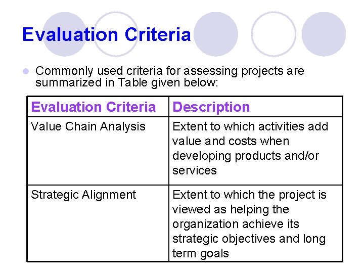 Evaluation Criteria l Commonly used criteria for assessing projects are summarized in Table given