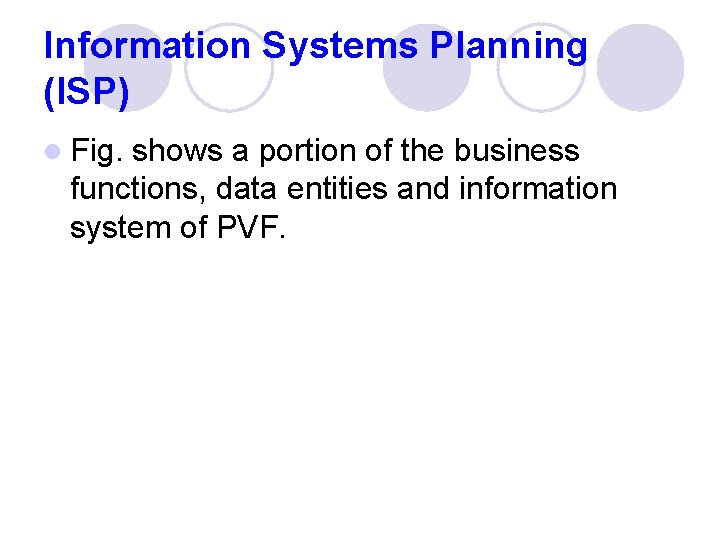 Information Systems Planning (ISP) l Fig. shows a portion of the business functions, data