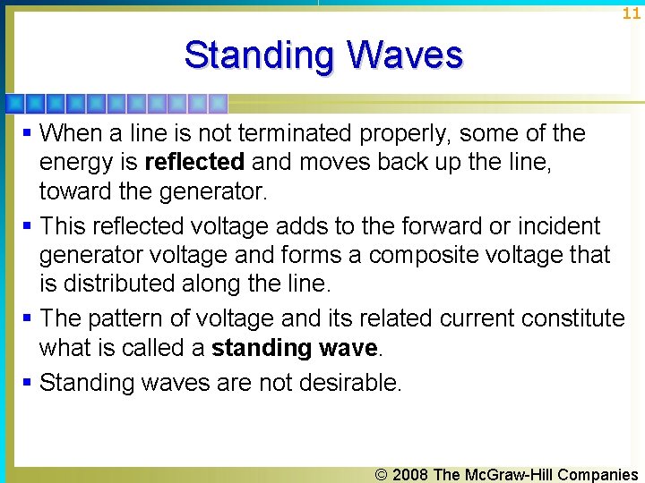 11 Standing Waves § When a line is not terminated properly, some of the