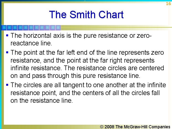16 The Smith Chart § The horizontal axis is the pure resistance or zeroreactance