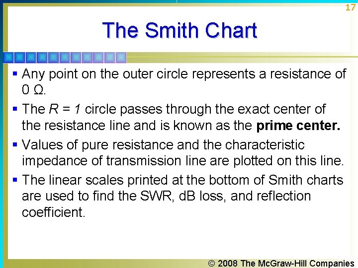 17 The Smith Chart § Any point on the outer circle represents a resistance