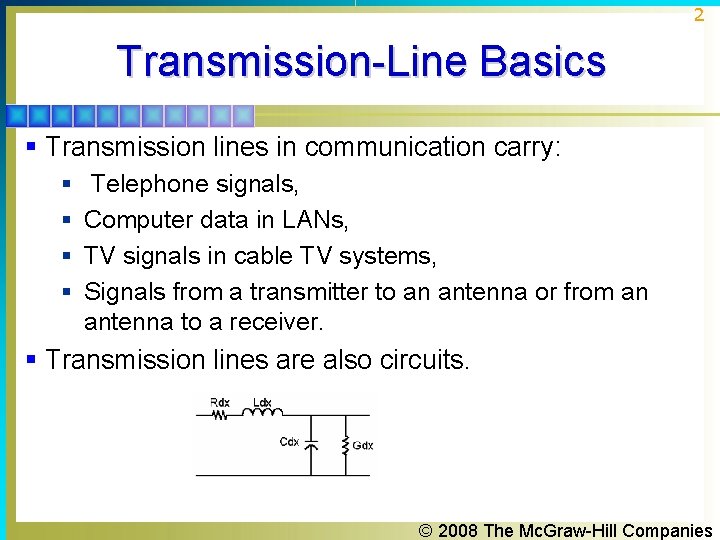 2 Transmission-Line Basics § Transmission lines in communication carry: § Telephone signals, § Computer