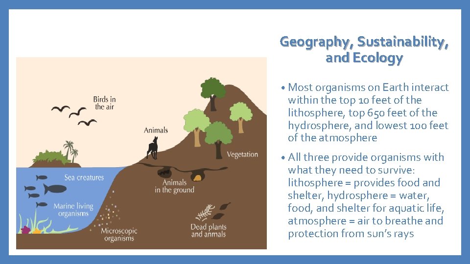 Geography, Sustainability, and Ecology • Most organisms on Earth interact within the top 10