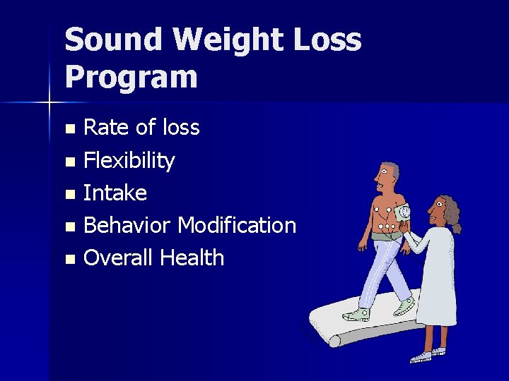 Sound Weight Loss Program Rate of loss n Flexibility n Intake n Behavior Modification