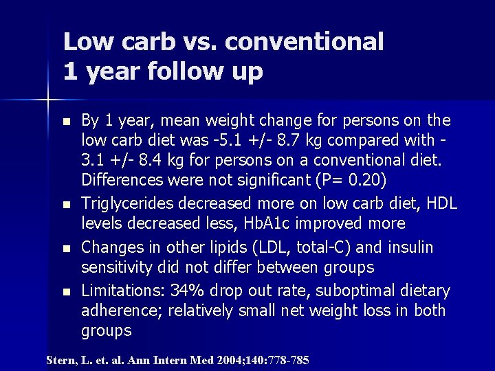 Low carb vs. conventional 1 year follow up n n By 1 year, mean