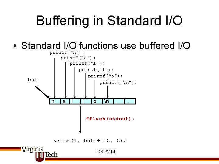 Buffering in Standard I/O • Standard I/O functions use buffered I/O buf printf(“h”); printf(“e”);