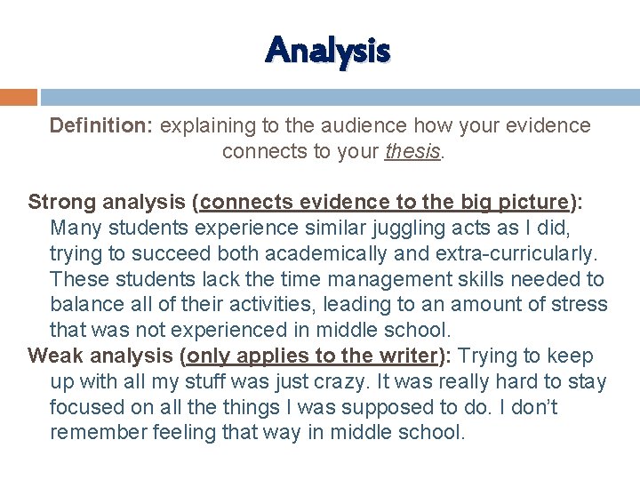Analysis Definition: explaining to the audience how your evidence connects to your thesis. Strong