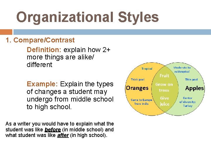 Organizational Styles 1. Compare/Contrast Definition: explain how 2+ more things are alike/ different Example: