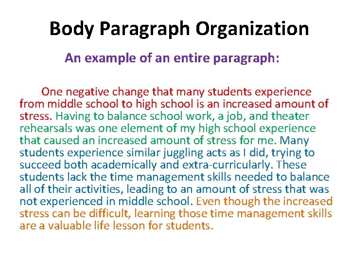 Body Paragraph Organization An example of an entire paragraph: One negative change that many