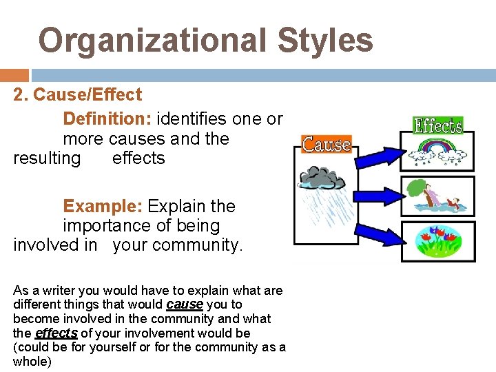 Organizational Styles 2. Cause/Effect Definition: identifies one or more causes and the resulting effects