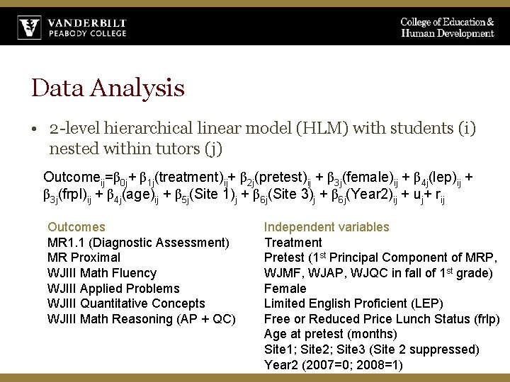 Data Analysis • 2 -level hierarchical linear model (HLM) with students (i) nested within