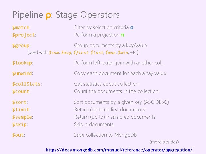 Pipeline ρ: Stage Operators $match: $project: Filter by selection criteria σ Perform a projection