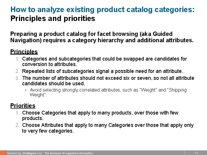 How to analyze existing product catalog categories: Principles and priorities Preparing a product catalog