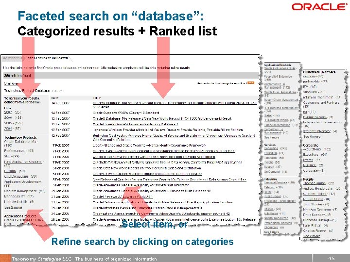 Faceted search on “database”: Categorized results + Ranked list Select item, or Refine search
