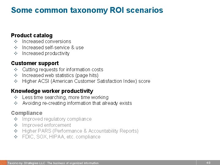 Some common taxonomy ROI scenarios Product catalog v Increased conversions v Increased self-service &