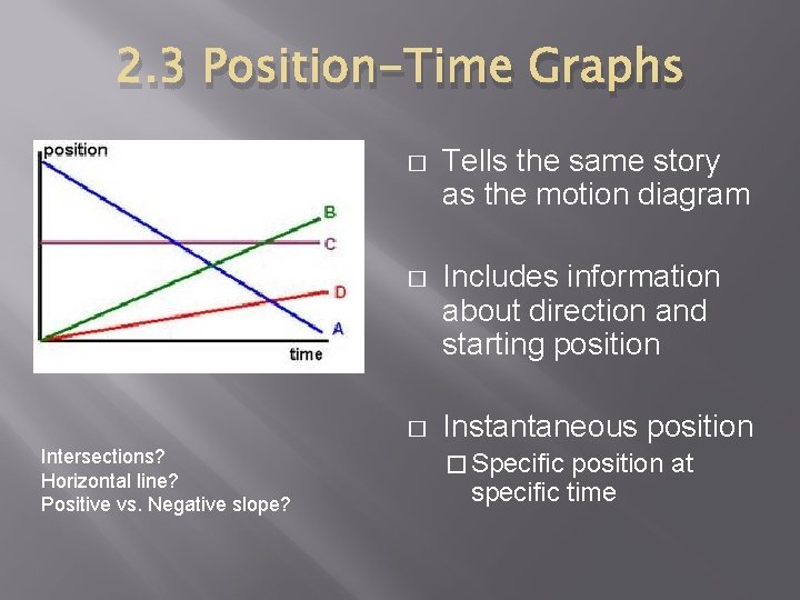 2. 3 Position-Time Graphs Intersections? Horizontal line? Positive vs. Negative slope? � Tells the