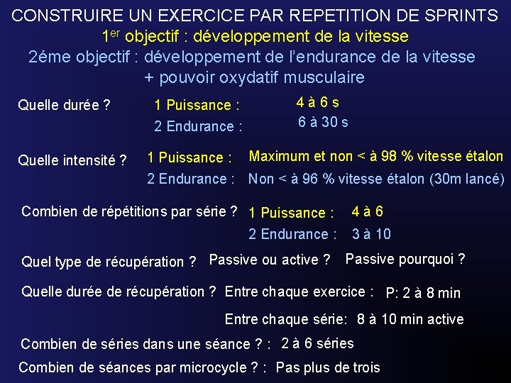 CONSTRUIRE UN EXERCICE PAR REPETITION DE SPRINTS 1 er objectif : développement de la