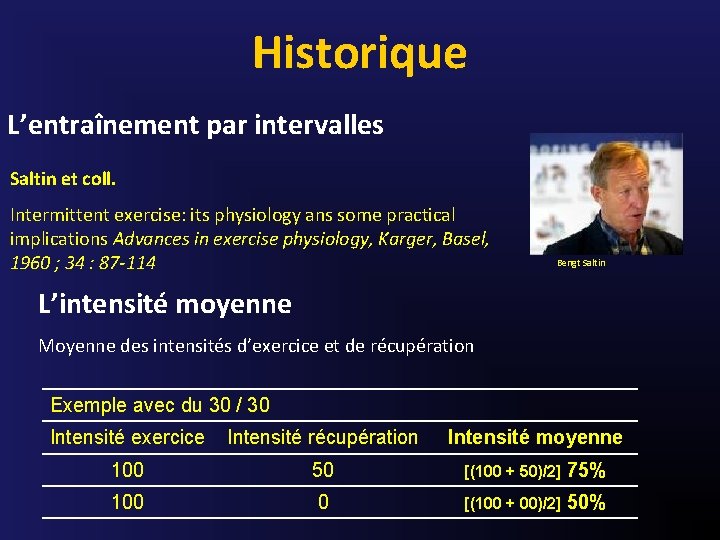 Historique L’entraînement par intervalles Saltin et coll. Intermittent exercise: its physiology ans some practical