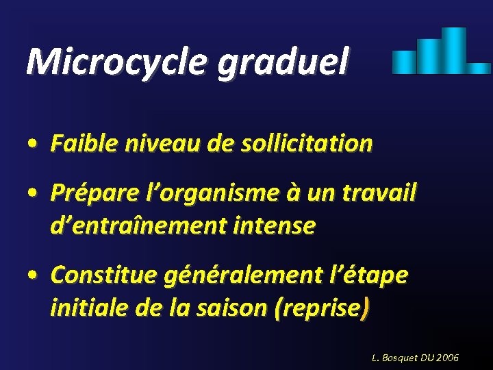 Microcycle graduel • Faible niveau de sollicitation • Prépare l’organisme à un travail d’entraînement