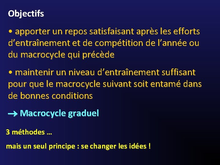 Objectifs • apporter un repos satisfaisant après les efforts d’entraînement et de compétition de