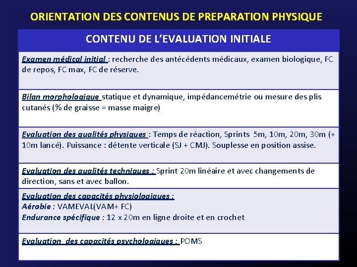 ORIENTATION DES CONTENUS DE PREPARATION PHYSIQUE CONTENU DE L’EVALUATION INITIALE Examen médical initial :