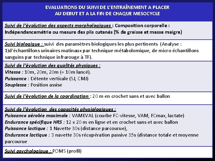 EVALUATIONS DU SUIVI DE L’ENTRAÎNEMENT A PLACER AU DEBUT ET A LA FIN DE