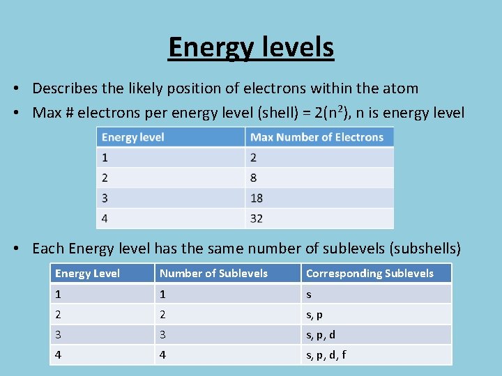 Energy levels • Describes the likely position of electrons within the atom • Max
