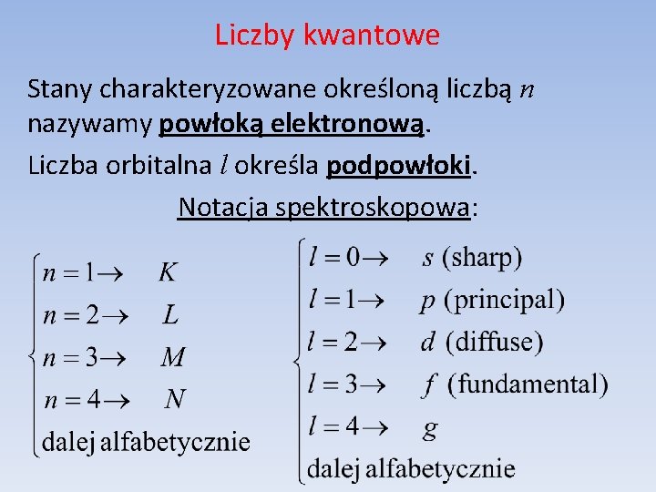 Liczby kwantowe Stany charakteryzowane określoną liczbą n nazywamy powłoką elektronową. Liczba orbitalna l określa