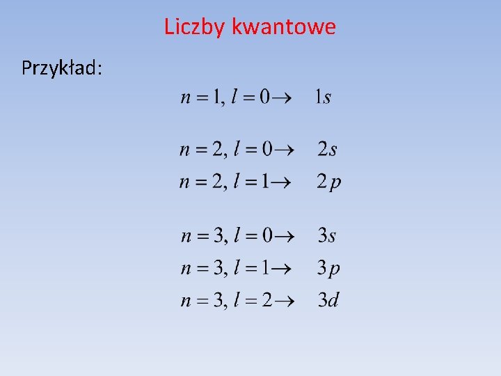 Liczby kwantowe Przykład: 