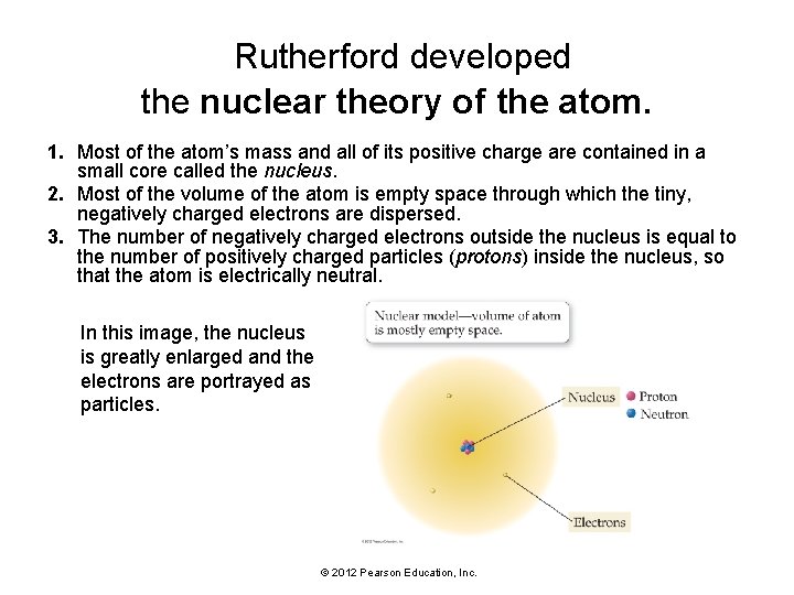  Rutherford developed the nuclear theory of the atom. 1. Most of the atom’s