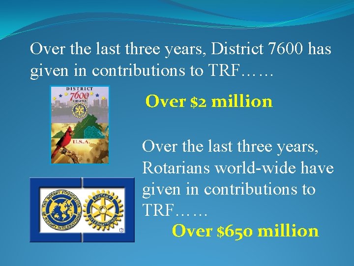 Over the last three years, District 7600 has given in contributions to TRF…… Over