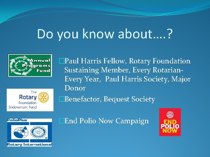 Do you know about…. ? �Paul Harris Fellow, Rotary Foundation Sustaining Member, Every Rotarian.