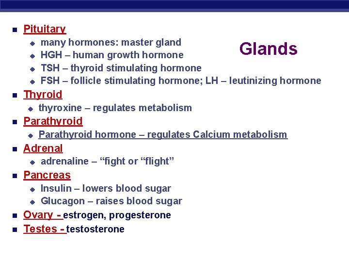  Pituitary u u Parathyroid hormone – regulates Calcium metabolism Adrenal u thyroxine –